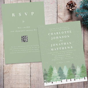 Modern Forest QR Code Sage Green Winter Wedding Invitation