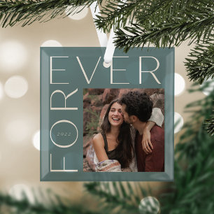 Modern Forever Couples Photo & Year Glass Ornament