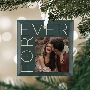 Modern Forever Couples Photo & Year Glass Ornament