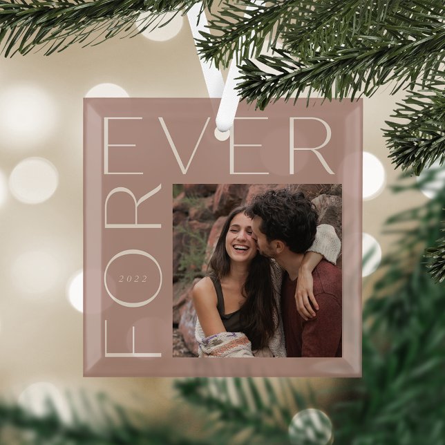 Modern Forever Couples Photo & Year Glass Ornament (Creator Uploaded)