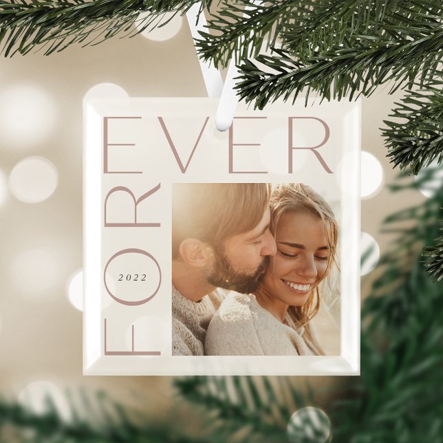 Modern Forever Couples Photo & Year Glass Ornament (Creator Uploaded)