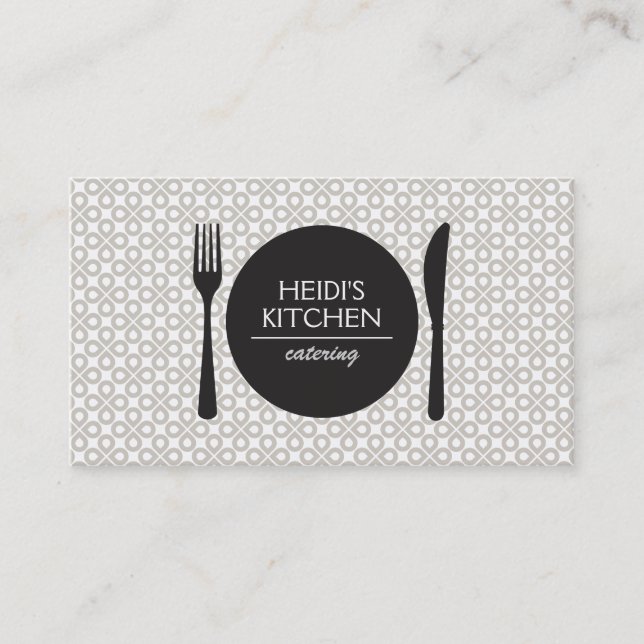 MODERN FORK, KNIFE, PLATE LOGO on CLOVER PATTERN Business Card (Front)