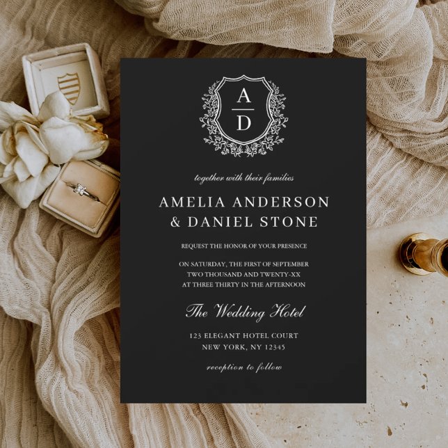 Modern Formal Floral Crest Monogram Wedding  Invitation (Creator Uploaded)