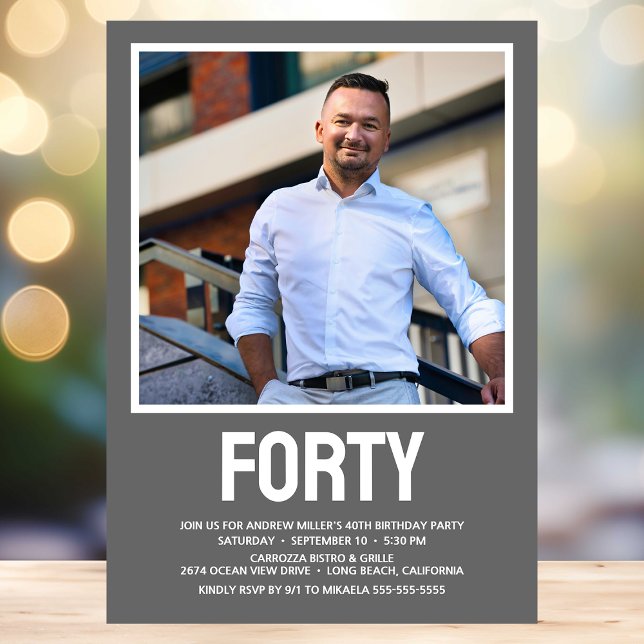 Modern FORTY Photo 40th Birthday Party Invitation (Creator Uploaded)