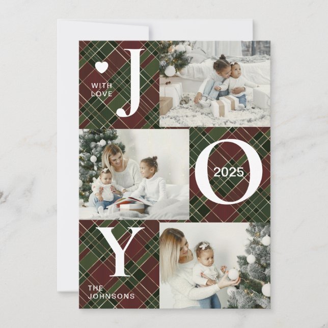 Modern Four Photo Collage | Joy Merry Christmas Holiday Card (Front)