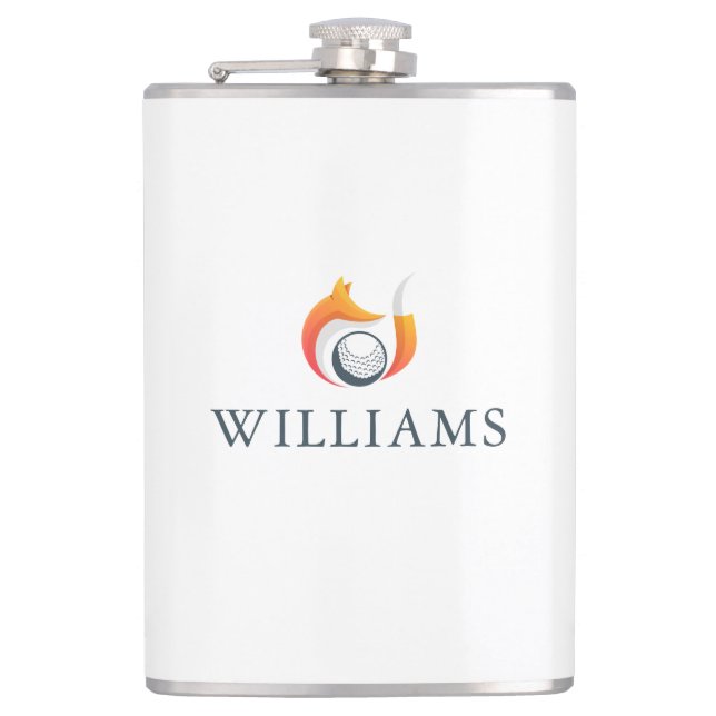 Modern Fox And Golf Ball Personalized Name Hip Flask (Front)