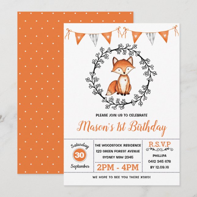 Modern Fox Birthday Party / Woodland Animal Invitation (Front/Back)