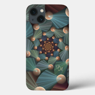 Modern Fractal Art Brown, Slate, Blue Monogram iPhone 13 Case