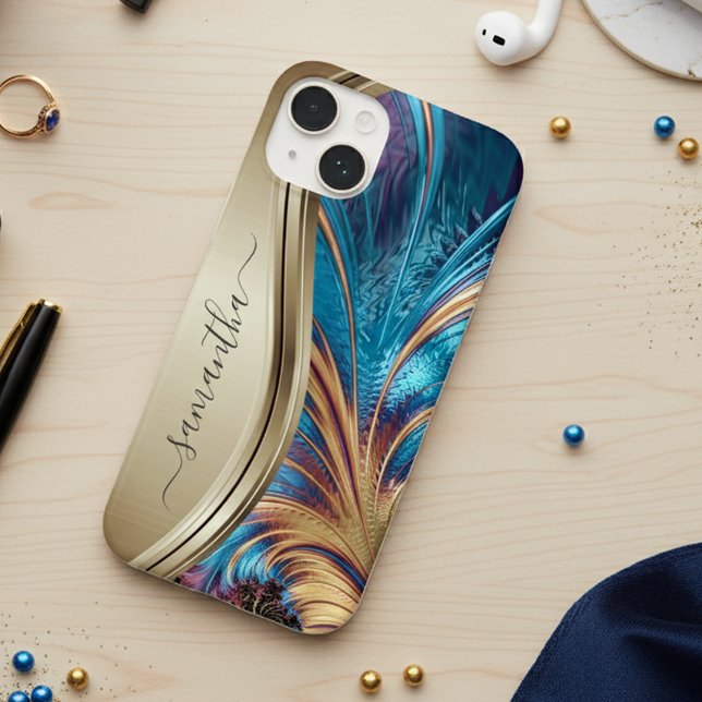Modern Fractal Blue Gold Handwritten Name Case-Mate iPhone Case (Creator Uploaded)