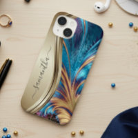 Modern Fractal Blue Gold Handwritten Name