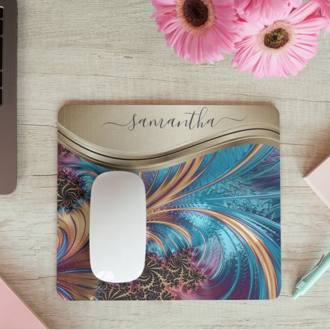 Modern Fractal Blue Gold Handwritten Name Mouse Pad (Creator Uploaded)