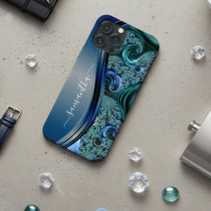 Modern Fractal Blue Handwritten Name iPhone 12 Pro Max Case