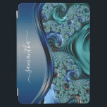 Modern Fractal Blue Handwritten Name  iPad Air Cover<br><div class="desc">This design may be personalized in the area provided by changing the photo and/or text. Or it can be customized by clicking Personalize this Template and then choosing the click to customize further option and delete or change the colour of the background, add text, change the text colour or style,...</div>