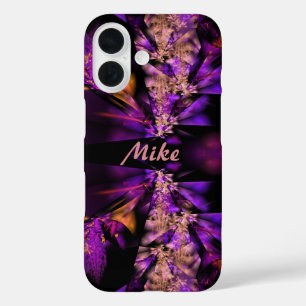 Modern fractal in black and purple, personalized  iPhone 16 case