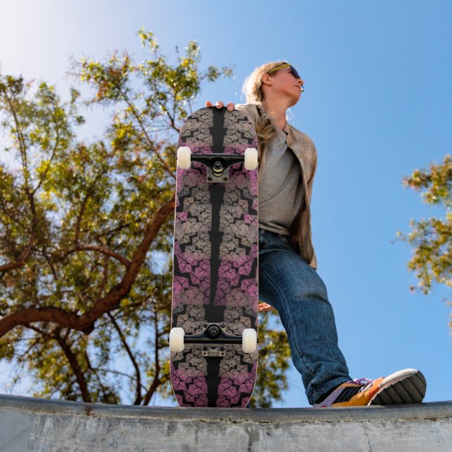 Modern fractal pattern, blush colors on black skateboard (Outdoor 1)