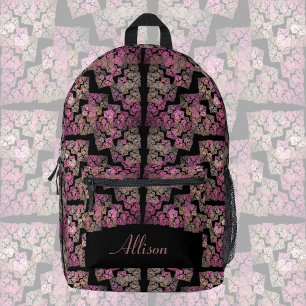 Modern fractal pattern, blush colours on black, printed backpack