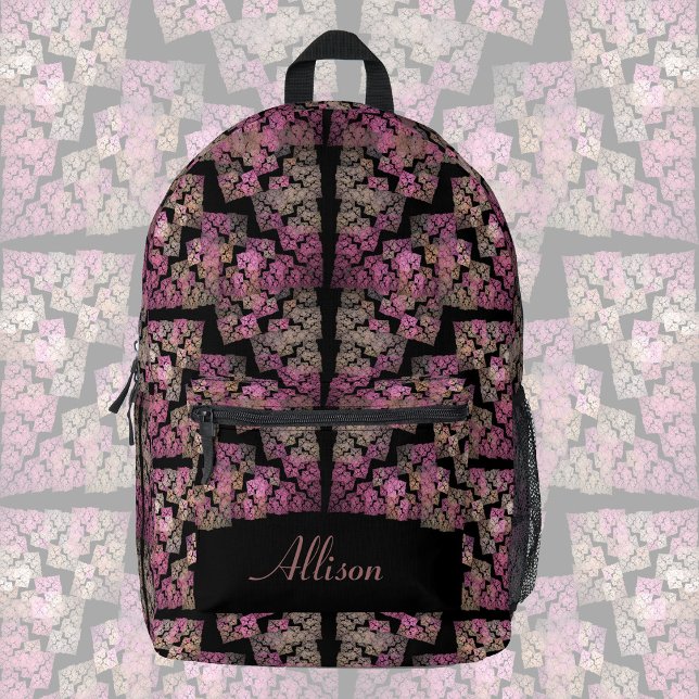 Modern fractal pattern, blush colours on black,   printed backpack (Creator Uploaded)