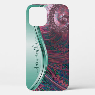Modern Fractal Pink Green Handwritten Name iPhone 12 Case