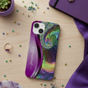 Modern Fractal Purple Handwritten Name Case-Mate iPhone 14 Case