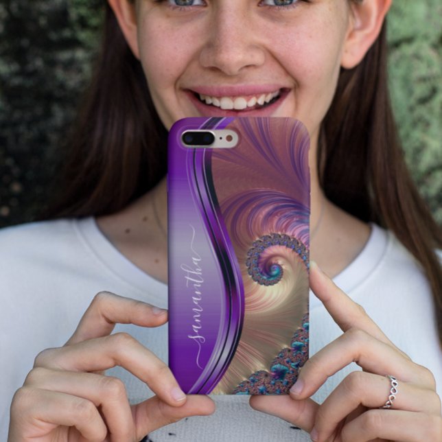 Modern Fractal Purple Handwritten Name Case-Mate iPhone Case (Creator Uploaded)