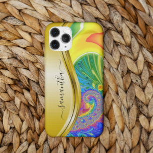 Modern Fractal Rainbow Yellow Monogram Name iPhone 12 Pro Max Case