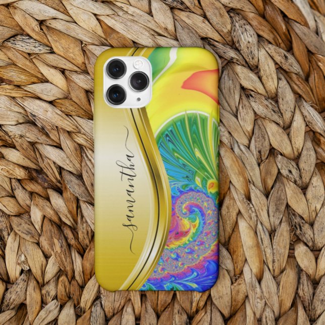 Modern Fractal Rainbow Yellow Monogram Name Case-Mate iPhone Case (Creator Uploaded)