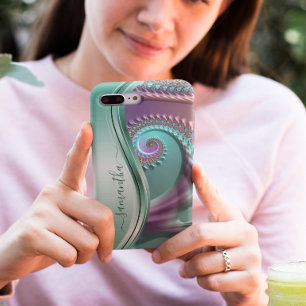 Modern Fractal Teal Purple Handwritten Name iPhone 12 Case