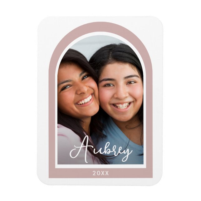 Modern Frame Arch Photo with Pretty Script Pink Magnet (Vertical)