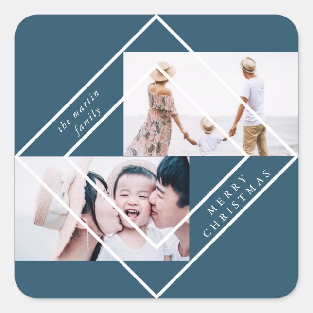 Modern Frame Blue Two Photo Christmas Holiday Square Sticker (Front)