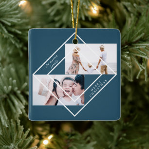 Modern Frame Blue Two Photo Merry Christmas Ceramic Ornament