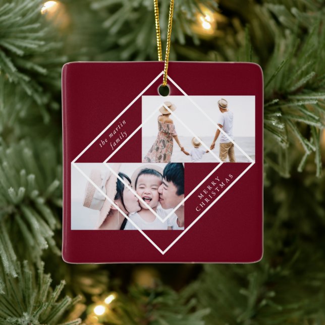 Modern Frame Burgundy Two Photo Merry Christmas Ceramic Ornament (Tree)