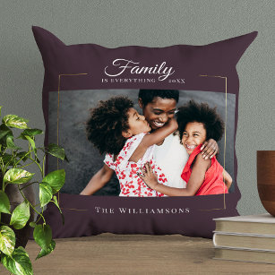 Modern Frame    Family is EVERYTHING Photo Gold Throw Pillow