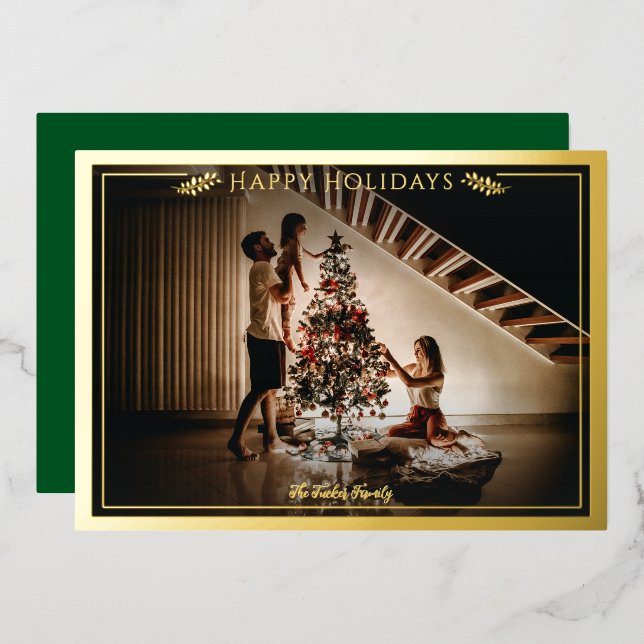 Modern Frame Happy Holidays Photo Green Gold Foil Holiday Card (Front/Back)