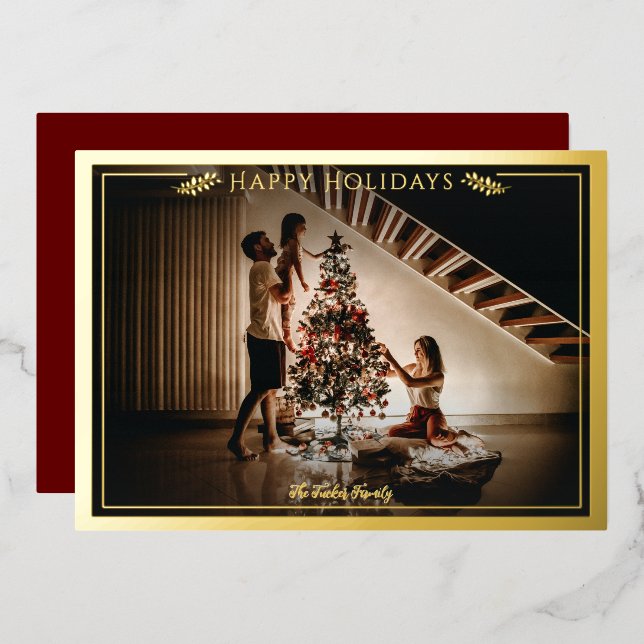 Modern Frame Happy Holidays Photo Red Gold Foil Holiday Card (Front/Back)