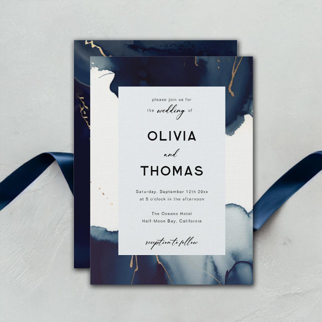 Modern Frame Navy Blue Gold Bohemian Beach Wedding Invitation (navy blue gold beach wedding invitation winter summer modern romantic elegant bohemian chic)
