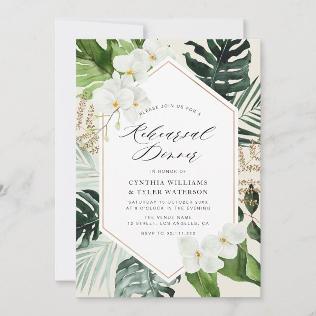 modern frame tropical palm leaves rehearsal dinner invitation (Front)