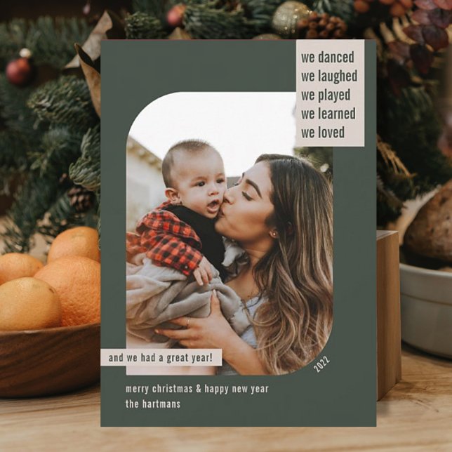 Modern Frame Year Review 1 Photo Christmas Green Holiday Card (Creator Uploaded)