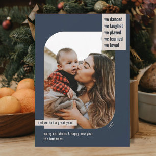 Modern Frame Year Review 1 Photo Christmas Navy Holiday Card