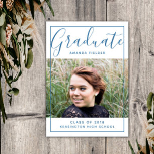 Modern Framed Graduation Photo Blue Invitation