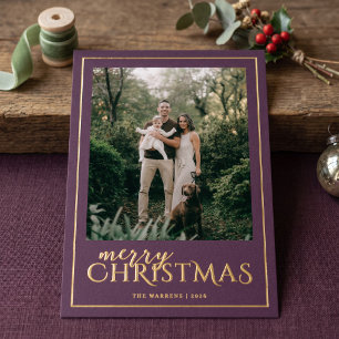 Modern Framed Merry Christmas Photo Collage Purple Foil Holiday Card