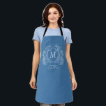 Modern French Blue Floral Crest Monogram Apron<br><div class="desc">Classic French Blue Floral Crest Monogram Apron</div>