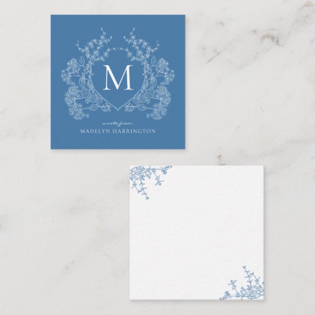 Modern French Blue Floral Crest Monogram Card (Front/Back)