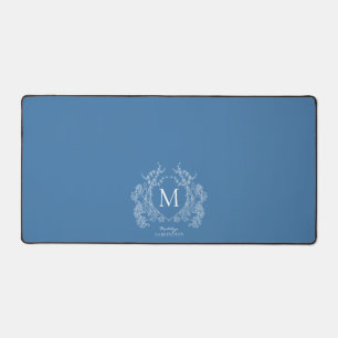 Modern French Blue Floral Crest Monogram Desk Mat