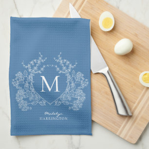 Modern French Blue Floral Crest Monogram Kitchen Towel