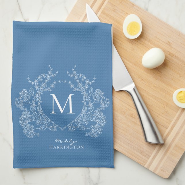 Modern French Blue Floral Crest Monogram Kitchen Towel (Quarter Fold)