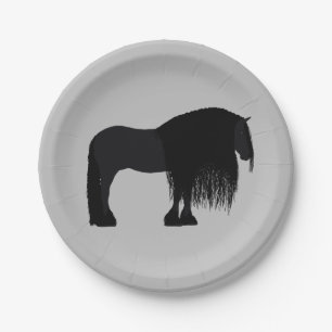 Modern Friesian Horse Illustration Grey Paper Plate