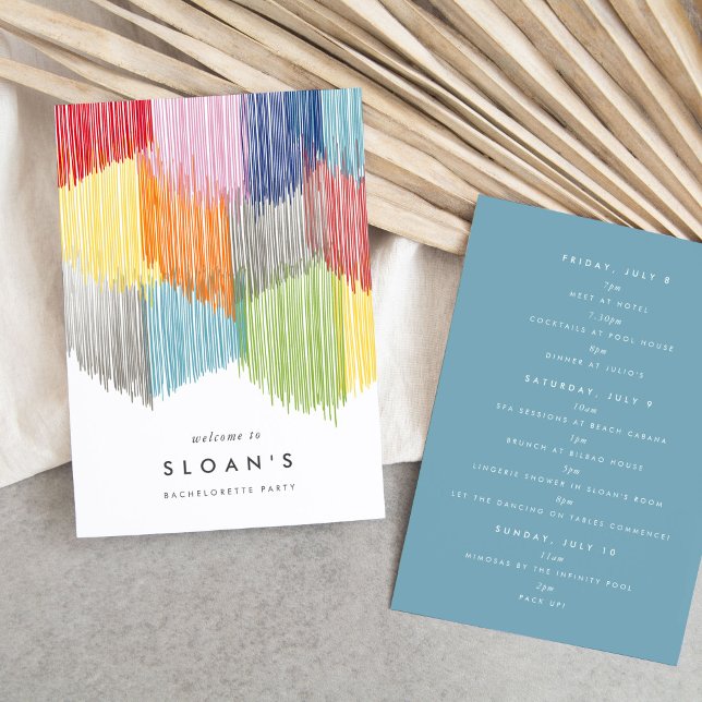 Modern Fringe Bachelorette Party Itinerary Save The Date (Colorful rainbow modern fringe fiesta bachelorette party itinerary cards.)