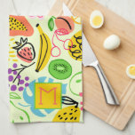 Modern Fruit Pattern Pale Green Kitchen Towel<br><div class="desc">Your monogram initial on this pale green kitchen towel featuring a modern fruit pattern of pineapples,  pears,  oranges,  cherries,  papaya,  grapes,  kiwis and peaches (back is white.) You can put this design on other products,  too!</div>