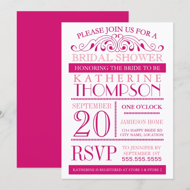 Modern Fuchsia and Pink Bridal Shower Invitation (Front/Back)