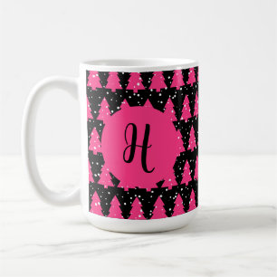 Modern Fuchsia & Black Christmas Tree Monogram Cof Coffee Mug
